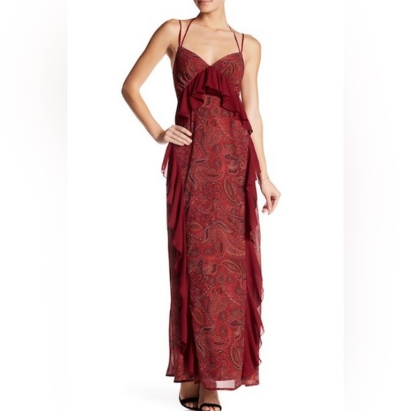NEW Nasty Gal MAXI LONG DRESS Red Paisley Print Ruffle Halter Neck Size S NWT! - Picture 7 of 12